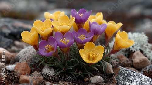 alpine flowers blooming between pebbles
