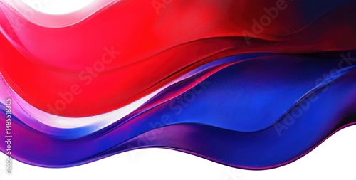 Flowing abstract waves in vibrant red, white, and blue colors creating a dynamic and smooth gradient effect with a sense of motion and depth