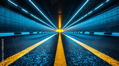A passageway shrouded in darkness features a stream flowing through its center and illumination at its terminus