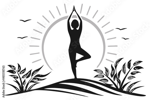 Sunrise Tree Yoga Silhouette Vector   T-Shirt Design for Meditation and Nature