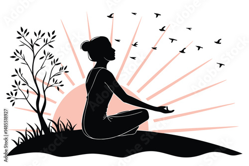 Sunrise Tree Yoga Silhouette Vector   T-Shirt Design for Meditation and Nature