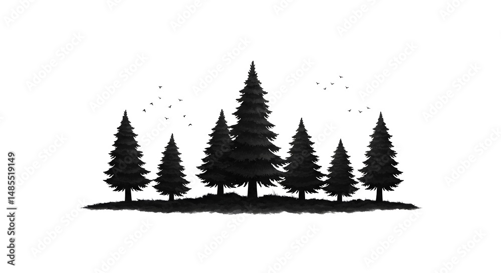 Obraz premium Pine Trees Silhouette with Birds Flying in a Minimalist Design