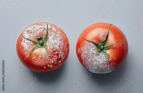Decaying Tomatoes.  Two ripe tomatoes, side-by-side, one fresh and the other showing visible signs of mold and decay.  The mold appears as a white, powdery substance