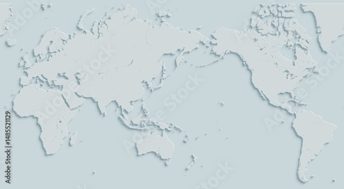 A white, three-dimensional world map. The composition is centered on the Pacific Ocean.