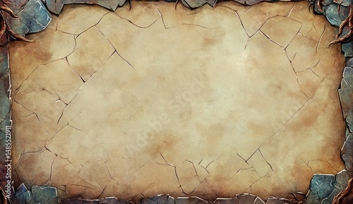 Aged parchment, stone-framed background.  Cracked, textured paper with a weathered stone border