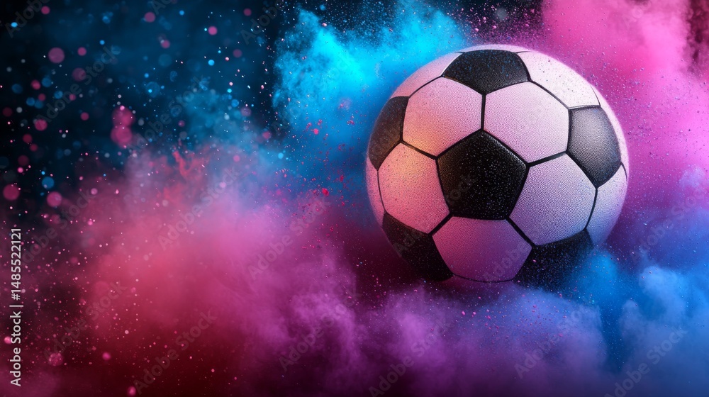 Fototapeta premium Atop a black background, a vibrant cloud of powdered hues supports a soccer ball