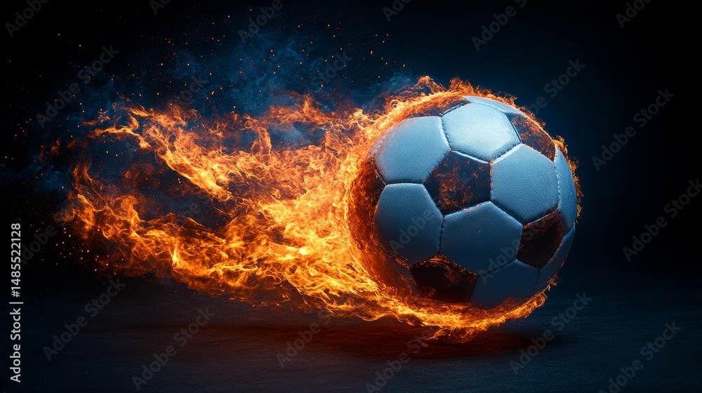 Fototapeta premium The image depicts a soccer ball with a black and white design on a black background, overlaid with orange and yellow splatters of paint