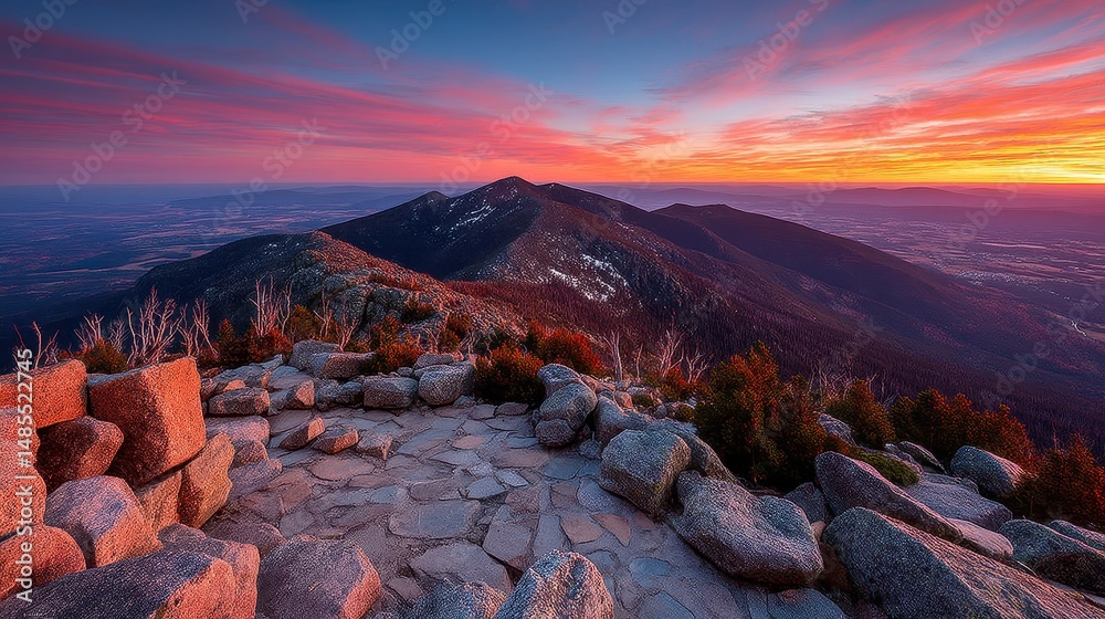 Obraz premium Serene Sunset Over Rocky Highlands During Warm Haze in the Evening Sky