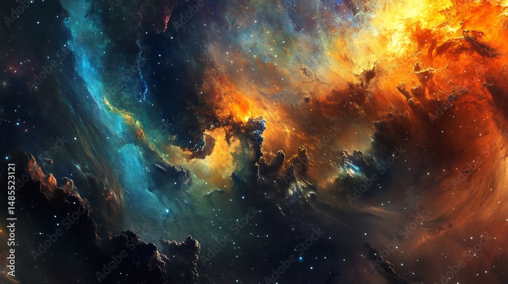 Fototapeta premium Cosmic Nebula: Fiery Orange and Teal Cloudscape