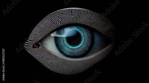 Digital Eye:  A close-up of a digital eye with blue iris and black pupil, crafted with a futuristic digital grid pattern, set against a dark background.