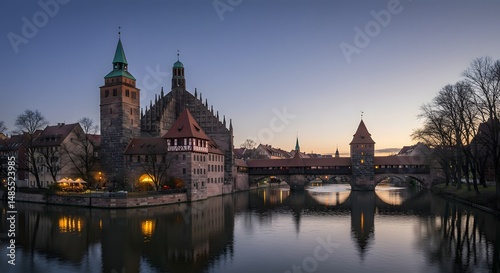 River View of Medieval Architecture with Bridge at Dusk