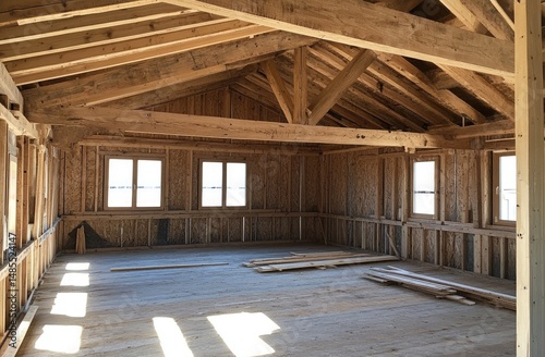 Interior of a wooden house under construction.  A spacious room with exposed wooden beams and walls