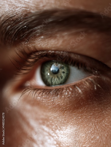 Close-up of a human eye showcasing intricate details, revealing a bright green iris and subtle textures of the skin around it