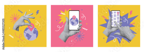 Set of collage designs with hands holding smartphone with earth globe. Traveling, destination concept