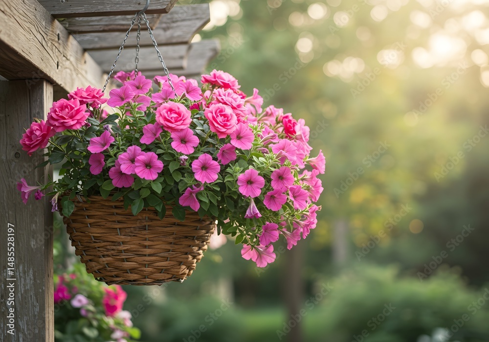 Pink Petunias and Roses in Hanging Basket on Wooden Pergola Pink Petunias and Roses in Hanging Basket on Wooden Pergola