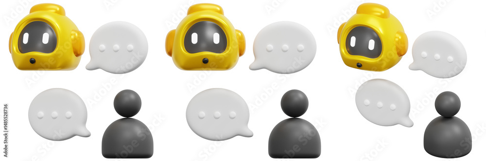Set of Yellow and Grey Chatbots with Speech Bubbles Digital Communication 3d Render Icon Illustration Set of Yellow and Grey Chatbots with Speech Bubbles Digital Communication 3d Render Icon Illustration