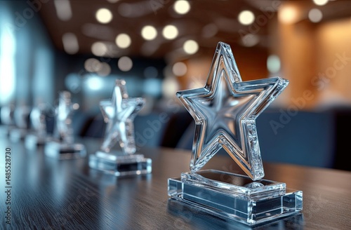 Clear star-shaped awards on a table.  Awards ceremony or recognition event