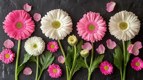 Resting on a wooden table is a bouquet, composed of pink and white flowers, that has been set down on a paper backing