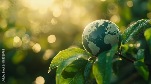 A green globe with the continents of the world on it is sitting on a leaf