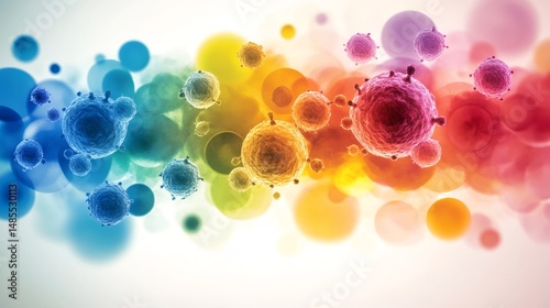 Colorful viruses floating in a microscopic world, representing health challenges