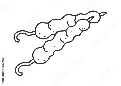 Doodle isolated line illustration of Turkish lula kebab on skewer. Hand drawn vector of traditional grilled meat dish, beef or lamb, cooked over charcoal.