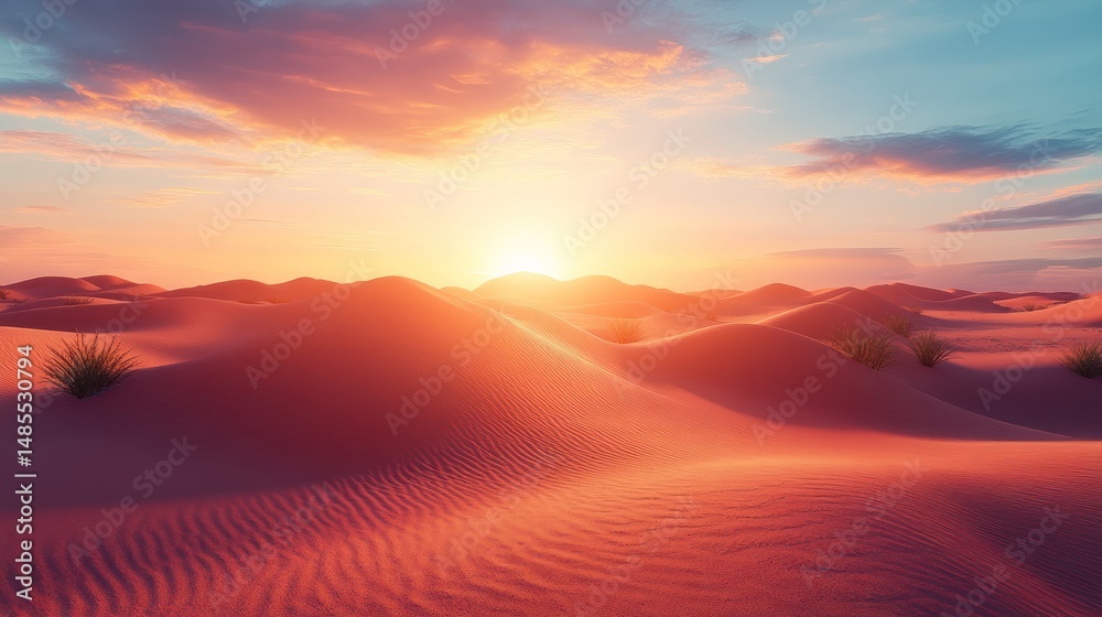 Fototapeta premium Desert sunset, dunes, vibrant colors, peaceful landscape, suitable for wallpaper or nature background