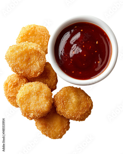 Crispy Breaded Chicken Nuggets with Spicy Red Dipping Sauce, cut out, no background