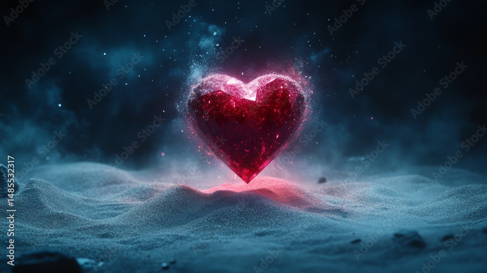 Fototapeta premium Beside a cloudy sky, a large red diamond rests on a pile of dirt
