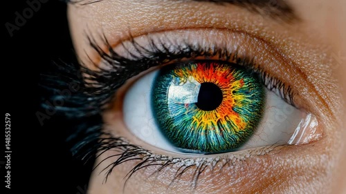 Vision's Colorful Canvas: A captivating close-up reveals the intricate beauty of the human eye, showcasing vivid hues and a mesmerizing iris in a high-definition shot.