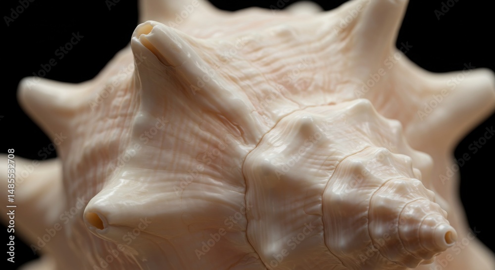 Naklejka premium Closeup of Cream-Colored Seashell with Spines Against Black Background