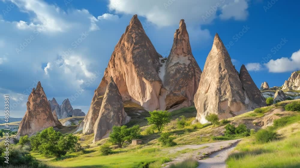 Discover towering rock formations surrounded by greenery in Cappadocia on a sunny day with clouds overhead