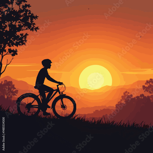 Silhouette of a cyclist riding a bike during sunset, set against a scenic mountain landscape. Captures the spirit of outdoor adventure, fitness, and freedom. Ideal for themes of travel, cycling, 