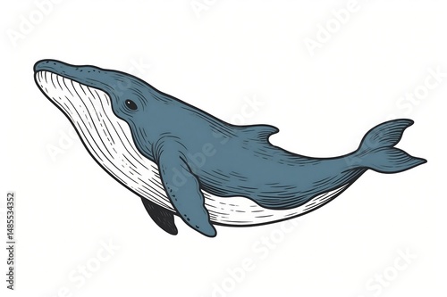 Whale drawing of a blue whale with a soft smile, suitable for greeting cards, children’s media, and animated visuals. A hand-drawn, stylized form conveys joy and calm.