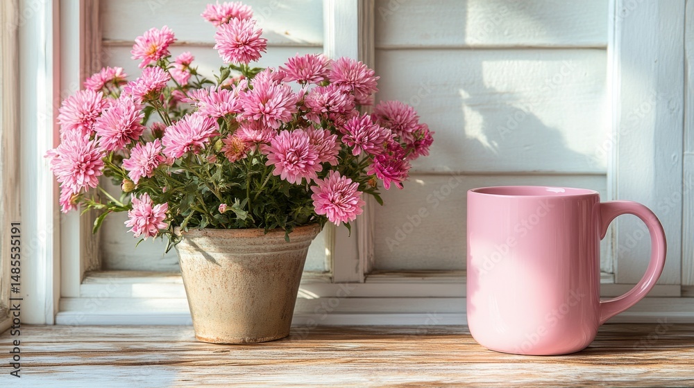 Fototapeta premium A pink coffee mug is positioned beside a white vase that contains red flowers on one side, with an identical white vase holding red flowers on the other