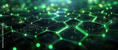Close-up view of interconnected hexagonal grid glowing with vibrant green and yellow lights against a dark background creating a futuristic and digital atmosphere
