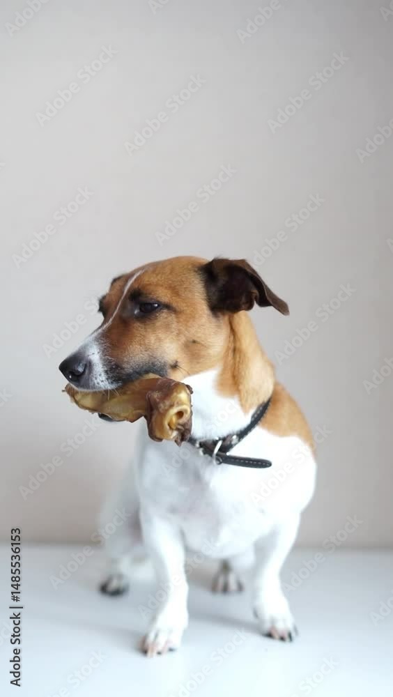 dog sitting on table with bone in mouth dog sitting on table with bone in mouth