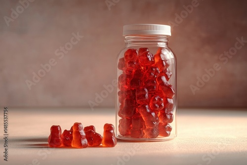 clear plastic jar filled with red gummy bears beside a small group of red gummy bears on a beige surface with soft lighting
