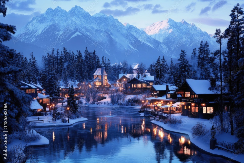 Fototapeta premium Winter wonderland village nestled in the mountains by a frozen river