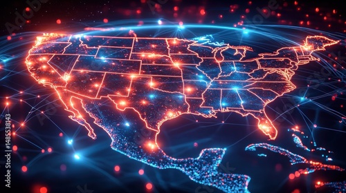 Digital glowing map of the United States and parts of Mexico and the Caribbean showing state borders with network connection points and bright data nodes under a dark background