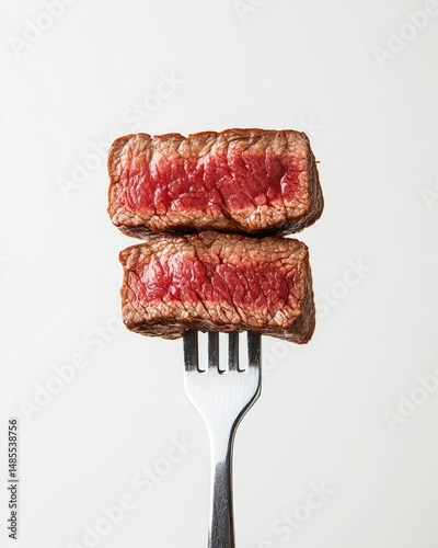 Two perfectly seared steak slices rest atop a fork, showcasing a beautiful, juicy red interior