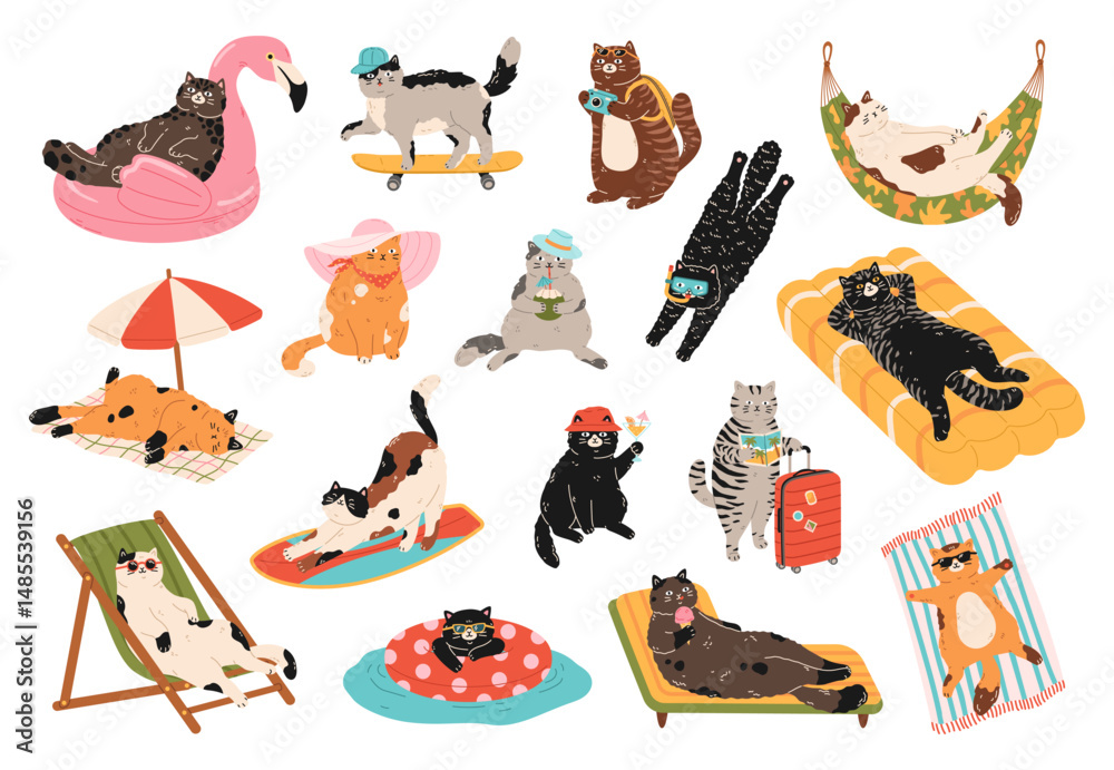 Fototapeta Funny set of cute cats on summer vacation. Different cat characters enjoying summer holidays, drinking cocktails, surfing, skateboarding, relaxing on loungers. Hand drawn cartoon illustration