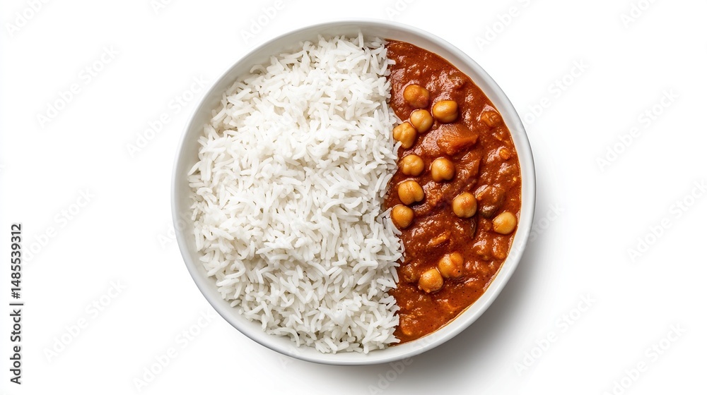 A white bowl filled with fluffy white rice and a vibrant red chickpea curry, photographed from directly above on a white background A white bowl filled with fluffy white rice and a vibrant red chickpea curry, photographed from directly above on a white background