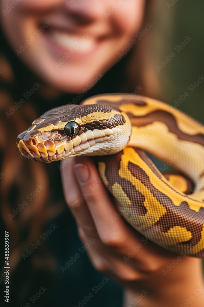 Fototapeta premium Close-up of a woman holding a colorful ball python snake, showcasing pet ownership, animal care, wildlife interaction, and nature appreciation outdoors.