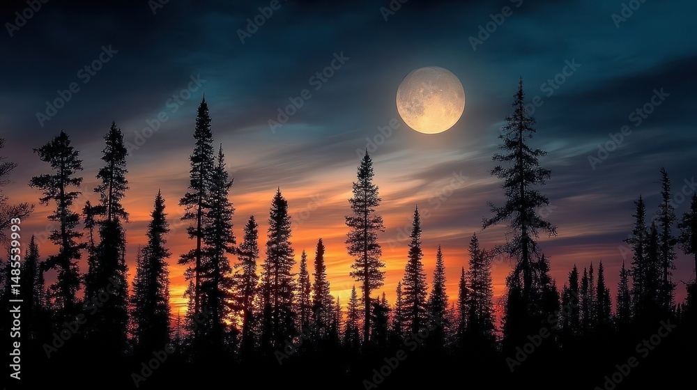 Fototapeta premium Majestic Full Moon Illuminates Silhouette of Trees Against a Vibrant Twilight Sky