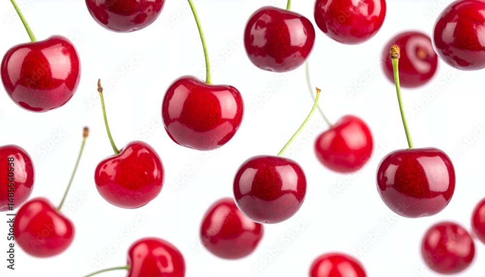Vibrant Red Cherries with Green Stems on White Background. A collection of glossy red cherries, some with green stems, appears suspended against a clean white background with uniform lighting. Vibrant Red Cherries with Green Stems on White Background. A collection of glossy red cherries, some with green stems, appears suspended against a clean white background with uniform lighting.