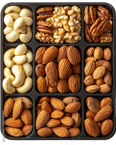 Overhead View of Assorted Nuts in a Black Tray, cut out, no background