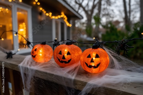 Three illuminated jack-o'-lantern pumpkin lights decorated for Halloween on a porch railing draped with spider web for spooky Fall celebration decor.