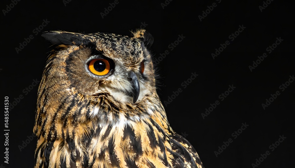Fototapeta premium A Eurasian eagle owl is shown in close up against a black background, highlighting its orange eyes, sharp beak, and detailed brown and cream feathers.