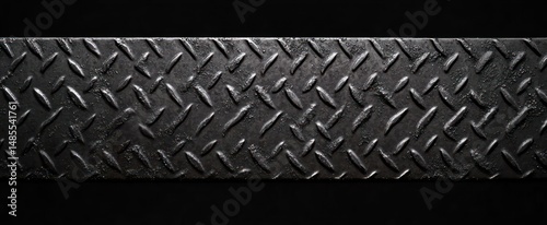 Close-up of rusty black diamond plate metal with textured raised pattern in low light