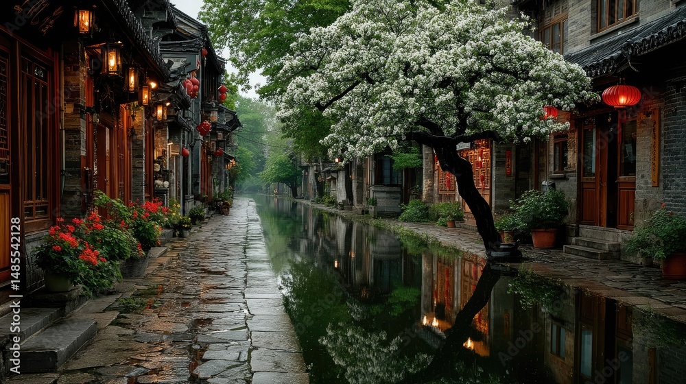 Fototapeta premium Stone street in Jiangnan water town features blooming pear trees and reflections after rain, with vibrant flower pots lining the walkway